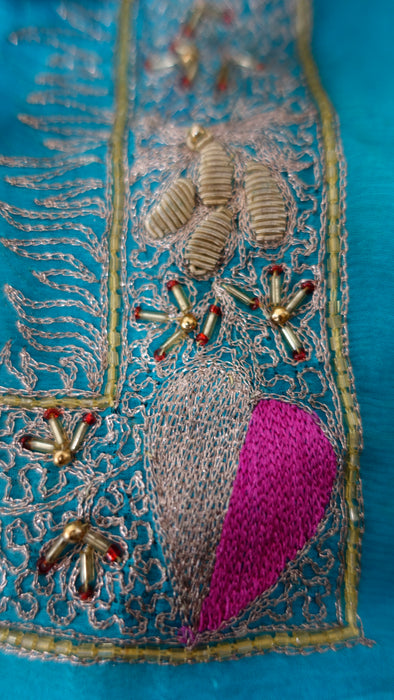 Peacock Blue Silk Chiffon Vintage Embroidered Zardosi Dupatta - Preloved