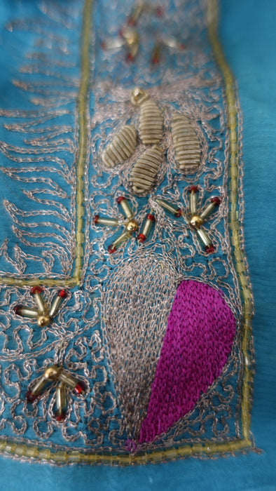 Peacock Blue Silk Chiffon Vintage Embroidered Zardosi Dupatta - Preloved