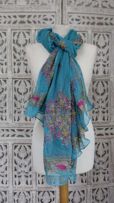 Peacock Blue Silk Chiffon Vintage Embroidered Zardosi Dupatta - Preloved