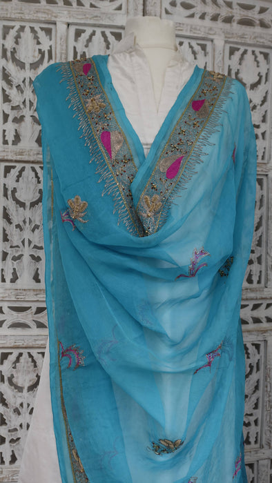 Peacock Blue Silk Chiffon Vintage Embroidered Zardosi Dupatta - Preloved