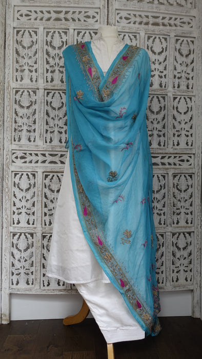 Peacock Blue Silk Chiffon Vintage Embroidered Zardosi Dupatta - Preloved