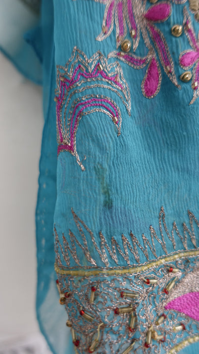 Peacock Blue Silk Chiffon Vintage Embroidered Zardosi Dupatta - Preloved