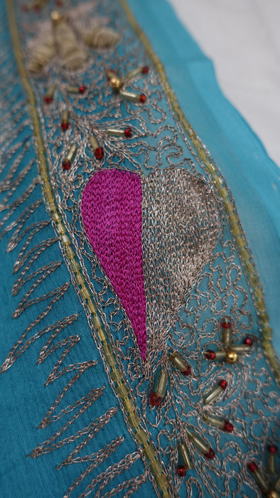Peacock Blue Silk Chiffon Vintage Embroidered Zardosi Dupatta - Preloved