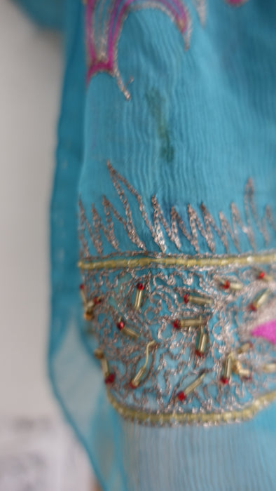 Peacock Blue Silk Chiffon Vintage Embroidered Zardosi Dupatta - Preloved