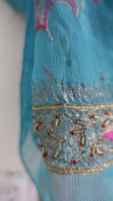 Peacock Blue Silk Chiffon Vintage Embroidered Zardosi Dupatta - Preloved