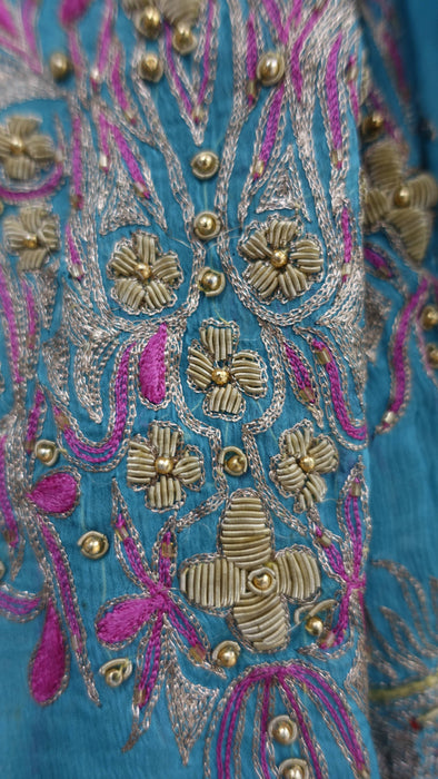 Peacock Blue Silk Chiffon Vintage Embroidered Zardosi Dupatta - Preloved