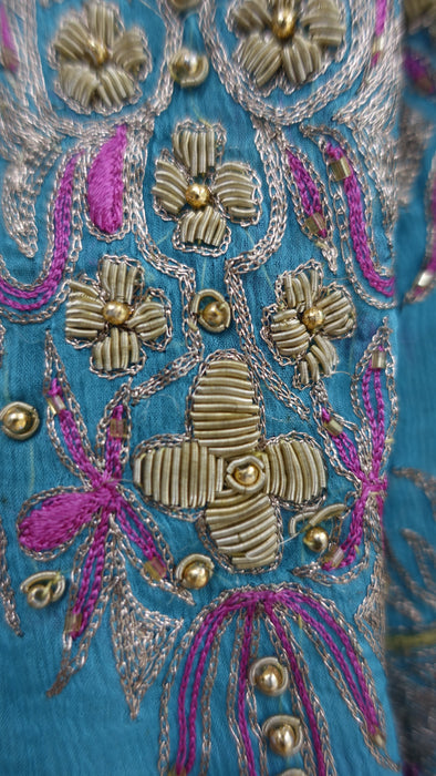 Peacock Blue Silk Chiffon Vintage Embroidered Zardosi Dupatta - Preloved