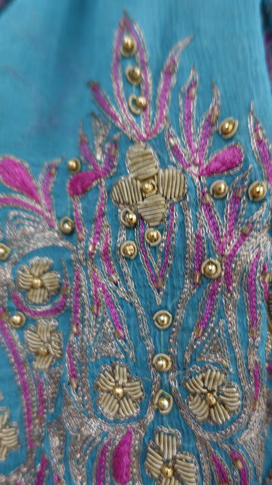 Peacock Blue Silk Chiffon Vintage Embroidered Zardosi Dupatta - Preloved