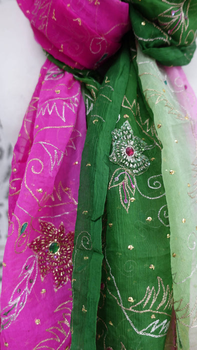 Vintage Green And Pink Embellished Dupatta - New