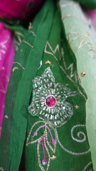 Vintage Green And Pink Embellished Dupatta - New