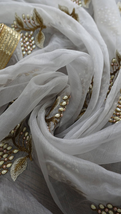 Soft Grey Pearl Beaded Voile Dupatta - New