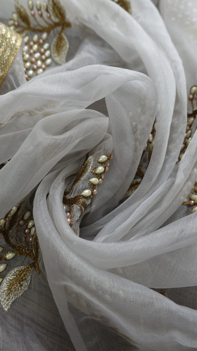 Soft Grey Pearl Beaded Voile Dupatta - New