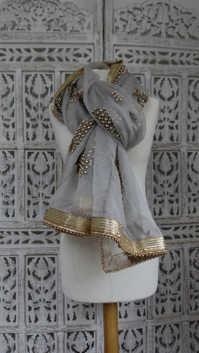 Soft Grey Pearl Beaded Voile Dupatta - New