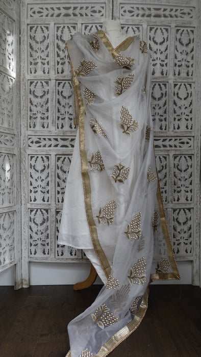 Soft Grey Pearl Beaded Voile Dupatta - New