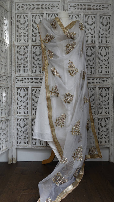 Soft Grey Pearl Beaded Voile Dupatta - New