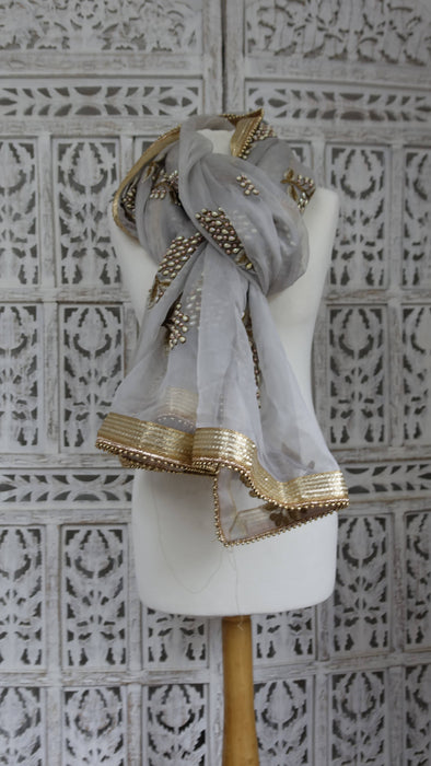 Soft Grey Pearl Beaded Voile Dupatta - New