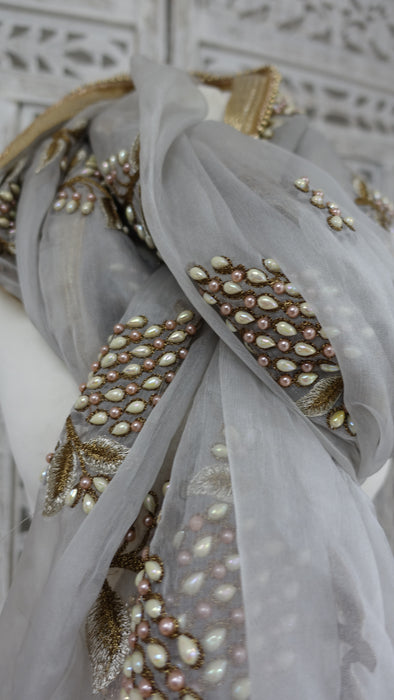 Soft Grey Pearl Beaded Voile Dupatta - New