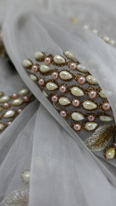 Soft Grey Pearl Beaded Voile Dupatta - New