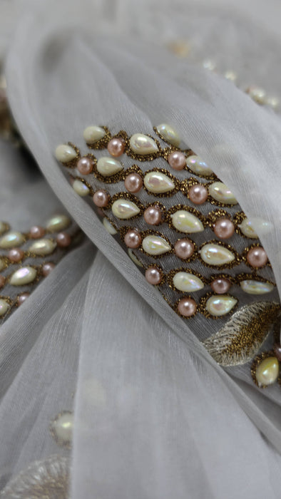 Soft Grey Pearl Beaded Voile Dupatta - New