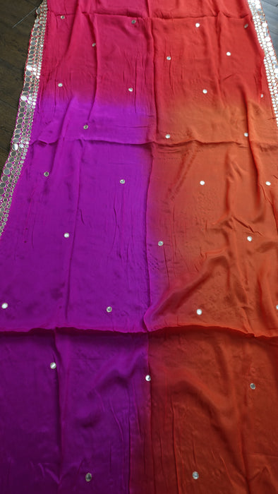Red Pink Orange Mirror Silk Dupatta - New