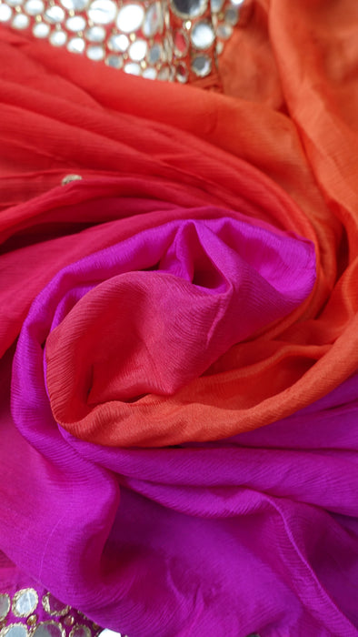 Red Pink Orange Mirror Silk Dupatta - New