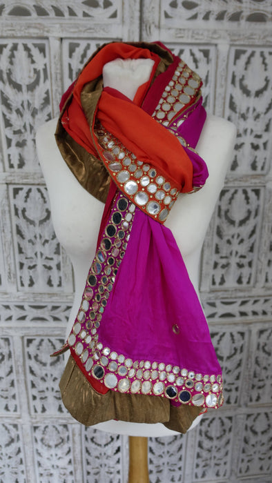 Red Pink Orange Mirror Silk Dupatta - New