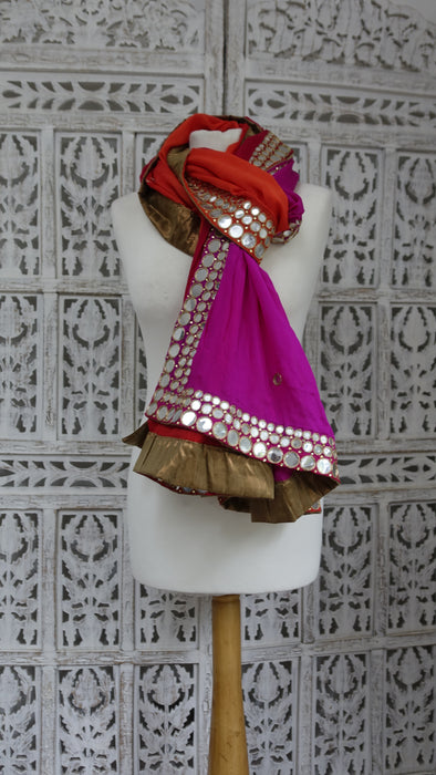 Red Pink Orange Mirror Silk Dupatta - New