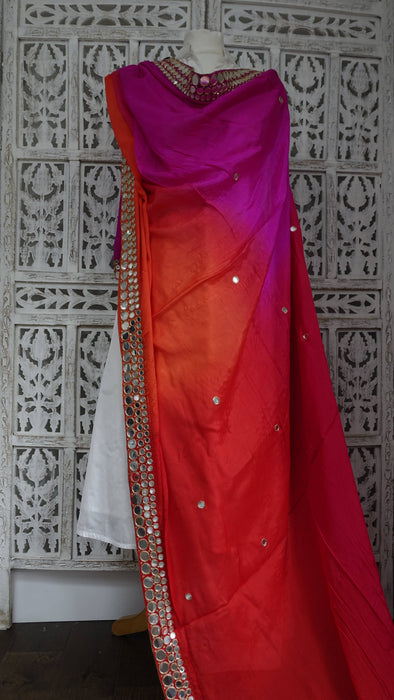 Red Pink Orange Mirror Silk Dupatta - New