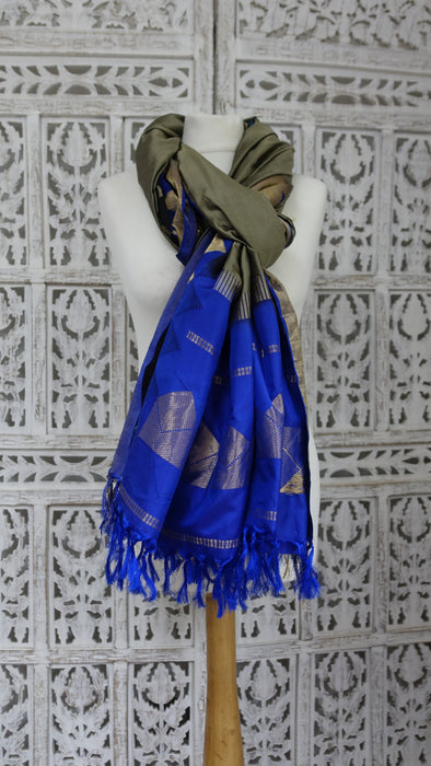 Khaki Green And Blue Vintage Silk Dupatta - New