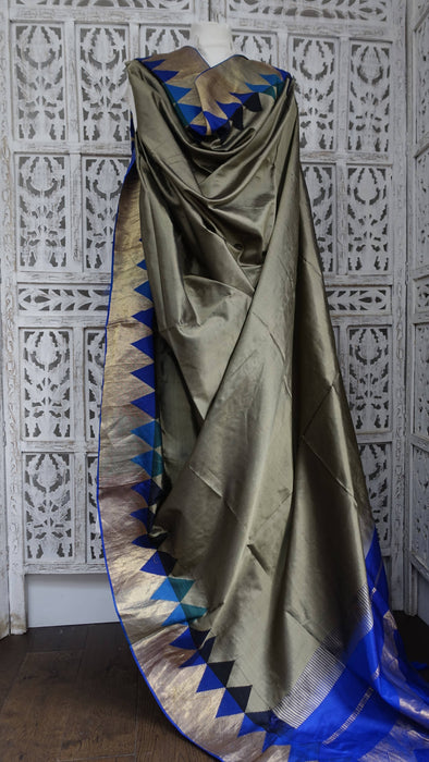 Khaki Green And Blue Vintage Silk Dupatta - New