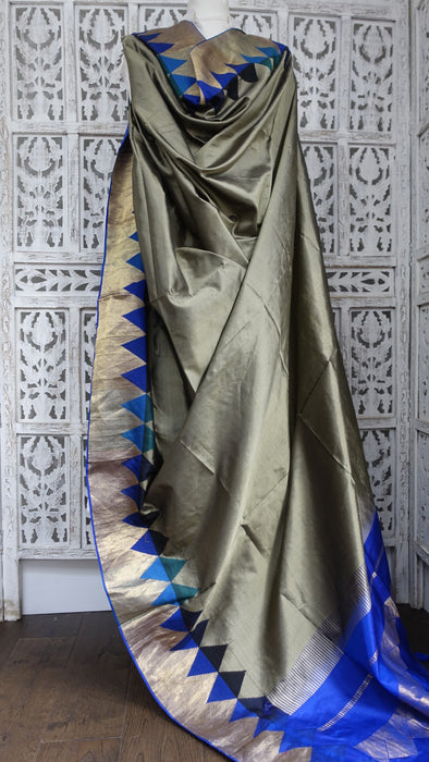 Khaki Green And Blue Vintage Silk Dupatta - New