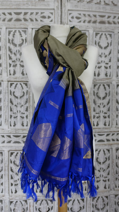 Khaki Green And Blue Vintage Silk Dupatta - New