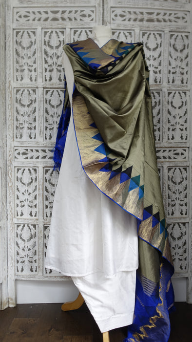 Khaki Green And Blue Vintage Silk Dupatta - New