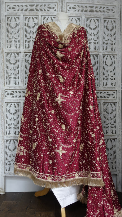 Maroon Sateen Silk Vintage Wedding Dupatta - New