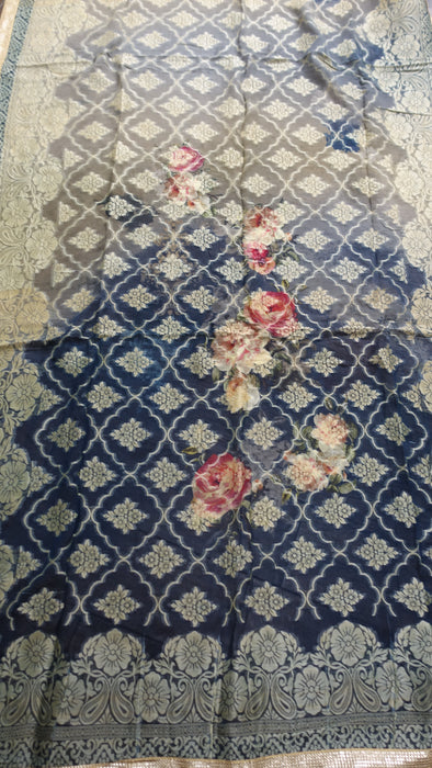 Dark Blue Floral Woven Shawl - New