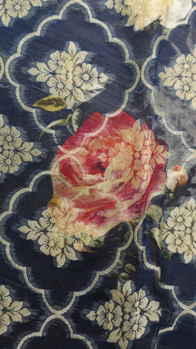 Dark Blue Floral Woven Shawl - New