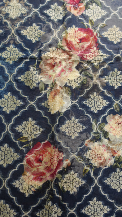 Dark Blue Floral Woven Shawl - New