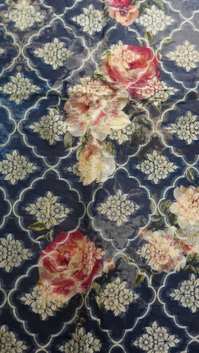 Dark Blue Floral Woven Shawl - New