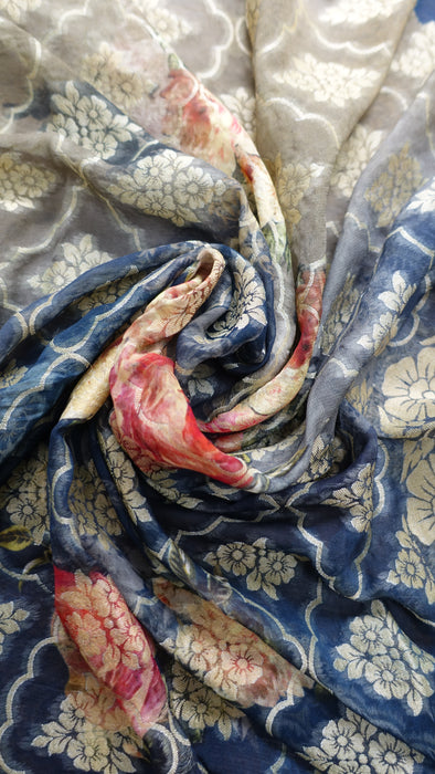 Dark Blue Floral Woven Shawl - New