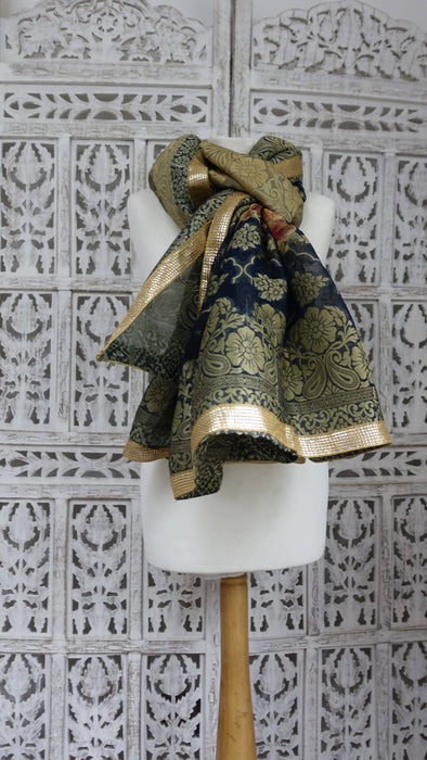 Dark Blue Floral Woven Shawl - New