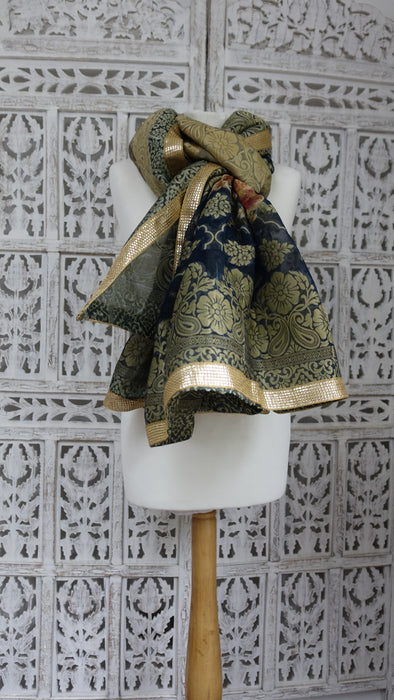 Dark Blue Floral Woven Shawl - New