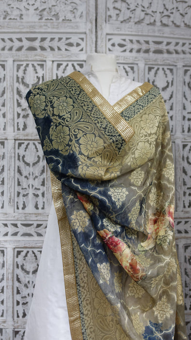 Dark Blue Floral Woven Shawl - New
