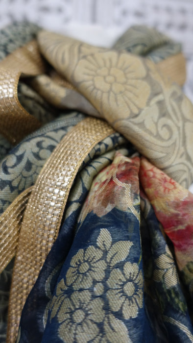 Dark Blue Floral Woven Shawl - New