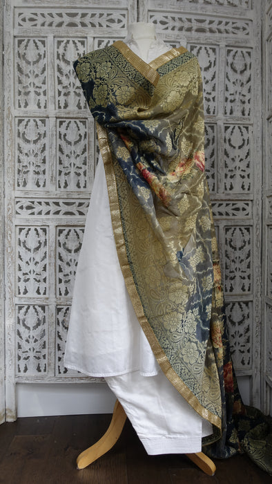 Dark Blue Floral Woven Shawl - New