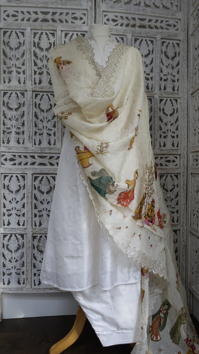 Cream Dupatta With Regal Wedding Scene - New