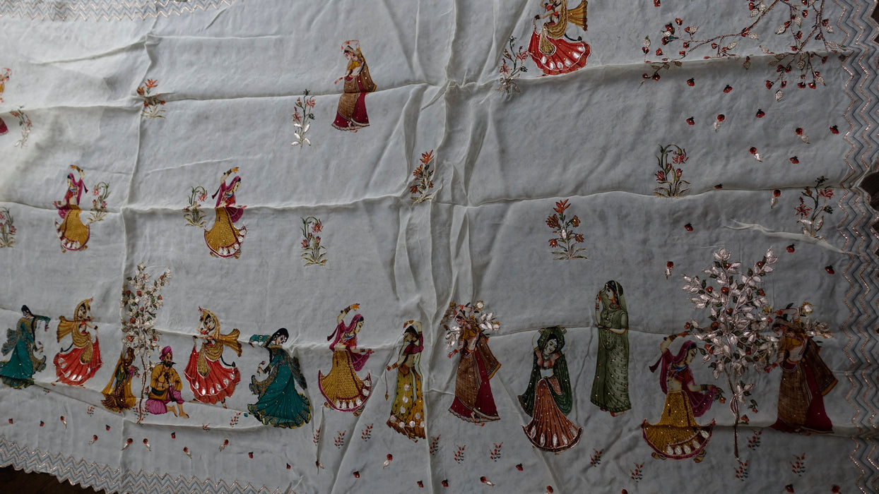 Cream Dupatta With Regal Wedding Scene - New