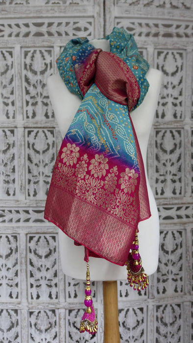 Jade And Pink Silk Blend Large Shawl With Latkans - New