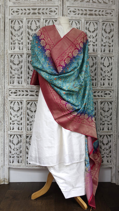 Jade And Pink Silk Blend Large Shawl With Latkans - New