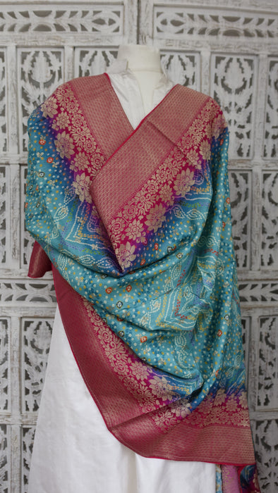 Jade And Pink Silk Blend Large Shawl With Latkans - New