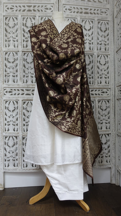 Brown Large Gold Silk Blend Shawl